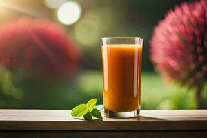 a glass of orange juice on a table in front of flowers. AI-Generated photo