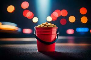 a bucket of popcorn on the road. AI-Generated photo