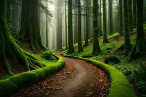 un camino mediante un bosque con cubierto de musgo arboles generado por ai foto