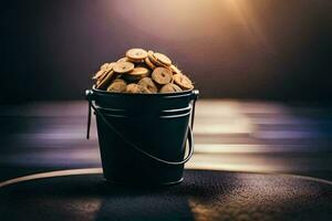 a bucket filled with cookies on a table. AI-Generated photo