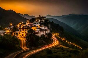 foto fondo de pantalla el cielo, montañas, camino, luz, el camino, el camino, el la carretera. generado por ai