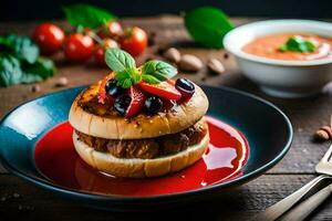 a hamburger with tomato sauce and basil on a plate. AI-Generated photo