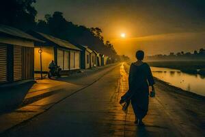 a man walking down a road at sunset. AI-Generated photo