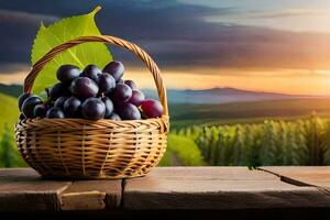 grapes in a basket on a wooden table. AI-Generated photo