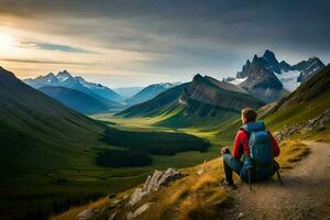 un hombre con un mochila se sienta en un montaña cima. generado por ai foto