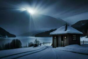 a small cabin sits on the snow covered ground near a lake. AI-Generated photo