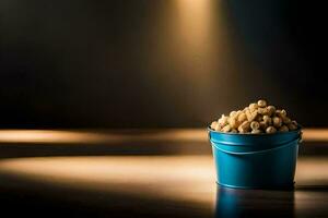 a bucket filled with peanuts on a table. AI-Generated photo