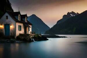 photo wallpaper the sky, mountains, lake, house, the house, the lake, the mountains. AI-Generated