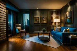 the living room of a luxury hotel with blue furniture. AI-Generated photo