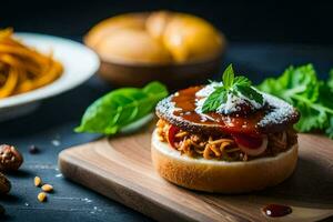 a sandwich with meat and sauce on a wooden board. AI-Generated photo