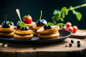 small cakes with berries and cherries on a black plate. AI-Generated photo