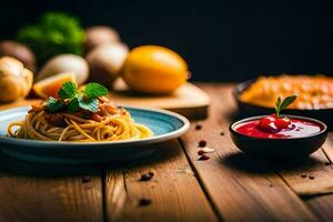 spaghetti with meat sauce and vegetables on a wooden table. AI-Generated photo