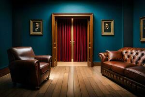 a room with two leather chairs and a door. AI-Generated photo