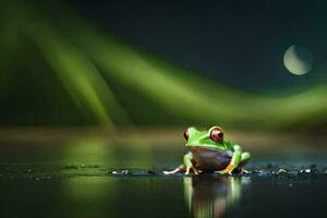 a frog sitting on the ground with a green background. AI-Generated photo
