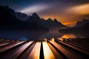 un piano se sienta en frente de un lago y montañas. generado por ai foto