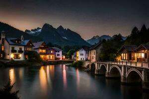 photo wallpaper the sky, mountains, bridge, house, river, town, night, the mountains. AI-Generated
