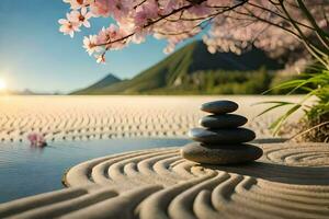 zen garden with stones and flowers. AI-Generated photo