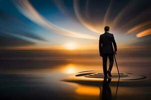 a man in a suit stands on a rock in the water. AI-Generated photo