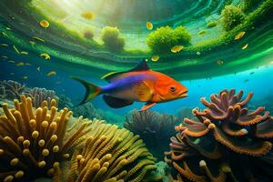 a colorful fish swims in the ocean with coral reefs. AI-Generated photo
