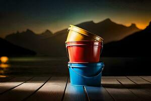 three buckets sitting on a wooden table with mountains in the background. AI-Generated photo