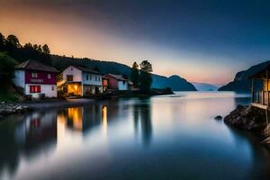 un lago y casas a puesta de sol. generado por ai foto