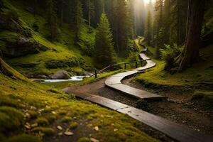 a path through the woods with a stream running through it. AI-Generated photo