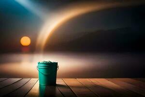 a bucket of ice on a wooden deck. AI-Generated photo