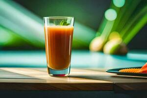 a glass of orange juice on a table. AI-Generated photo