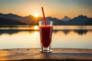 a glass of juice with a red straw on a table in front of a lake. AI-Generated photo