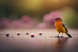 a small bird is standing on the ground near pink flowers. AI-Generated photo