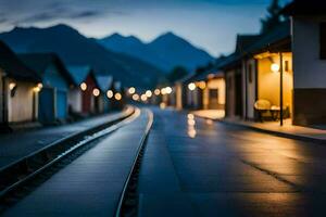 un tren pista en el medio de un pueblo a noche. generado por ai foto