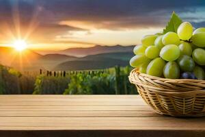 grapes in a basket on a table. AI-Generated photo
