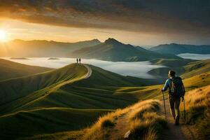 un caminante camina arriba un montaña a puesta de sol. generado por ai foto
