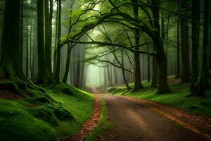 un camino mediante un verde bosque con arboles generado por ai foto