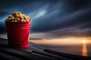 a bucket of peanuts on a wooden table with a sunset in the background. AI-Generated photo