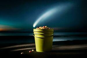 a bucket of popcorn on the beach at night. AI-Generated photo