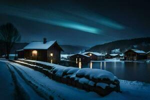 un casa en el nieve con un ligero brillante encima él. generado por ai foto