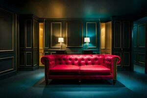 a red couch in a dark room with blue walls. AI-Generated photo