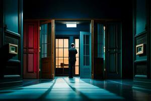 a man in a suit standing in an open doorway. AI-Generated photo