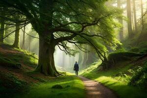 a man walks down a path in a forest. AI-Generated photo