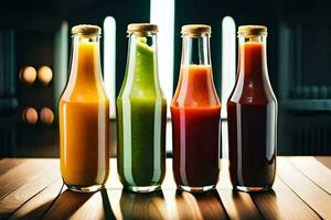 five bottles of different colored juices on a wooden table. AI-Generated photo