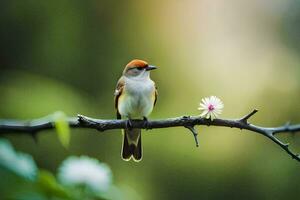 a small bird sits on a branch with a flower. AI-Generated photo