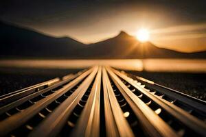 the sun is setting over a railroad track. AI-Generated photo