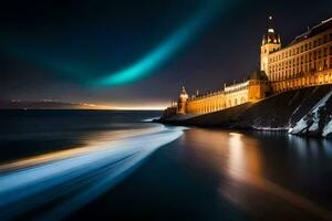 el Aurora borealis luces arriba el cielo terminado un edificio. generado por ai foto