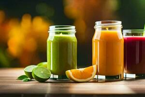 three different types of juices are shown on a wooden table. AI-Generated photo