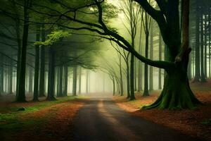 un la carretera en el medio de un bosque con arboles generado por ai foto