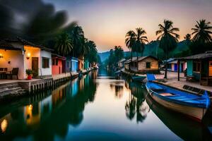 a canal in the middle of a village at sunset. AI-Generated photo