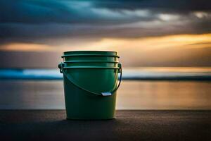 a green bucket sitting on the beach at sunset. AI-Generated photo