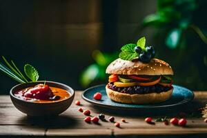 a hamburger with vegetables and sauce on a wooden table. AI-Generated photo