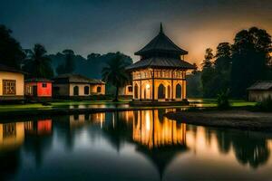 a gazebo in the middle of a lake at sunset. AI-Generated photo